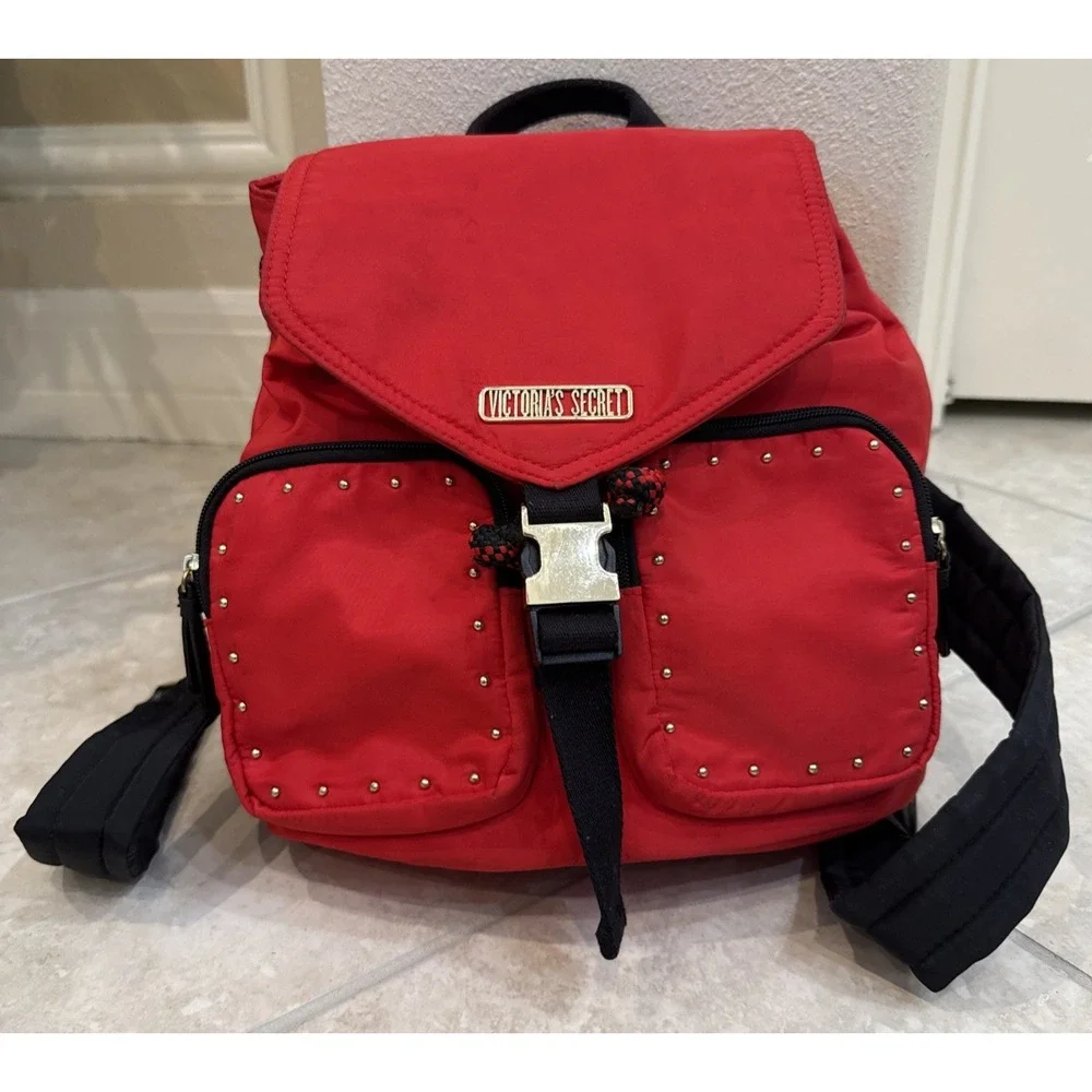 Victorias Secret BACKPACK - RED W/GOLD STUDS - Drawstring Close‎ Buckle Pockets